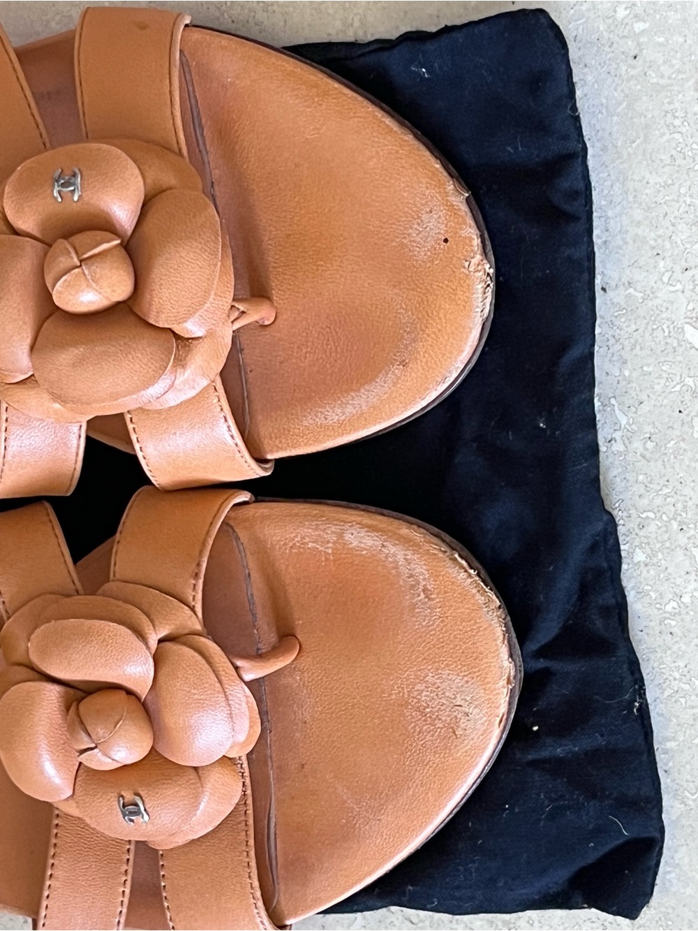 CHANEL Tan Leather Camellia Slide Sandals - Picture 6 of 6